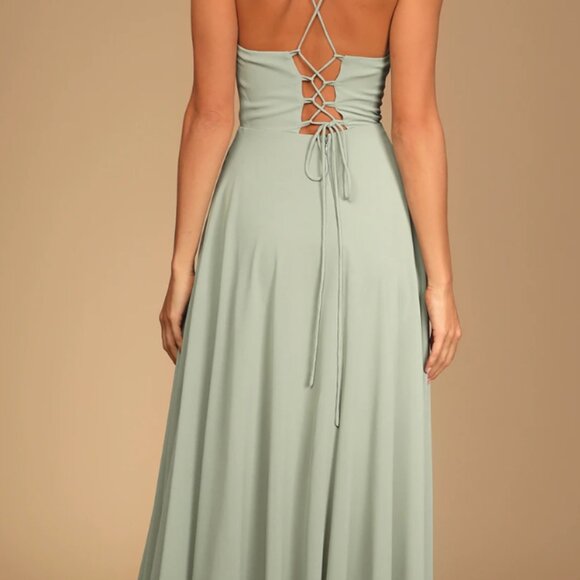 Lulus Romantically Speaking Sage Green Cowl Lace-up Maxi Dress - Size M - Picture 3 of 4
